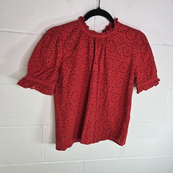 Madewell AJ939 Red Eyelet Tuffle Neck Keyhole Short Sleeve Blouse - Picture 5 of 6